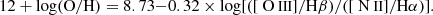 $$ \begin{aligned} 12 + \log (\mathrm{O/H}) = 8.73{-}0.32 \times \log [([{\text{ O}}{\small {{\text{III}}}}]/\mathrm{H}\beta )/([{\text{ N}}{\small {{\text{ II}}}}]/\mathrm{H}\alpha )]. \end{aligned} $$