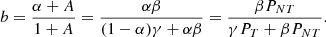 $$ \begin{aligned} b = \frac{\alpha +A}{1+A} = \frac{\alpha \beta }{(1-\alpha ) \gamma +\alpha \beta } = \frac{\beta P_{NT}}{\gamma P_T + \beta P_{NT}}. \end{aligned} $$