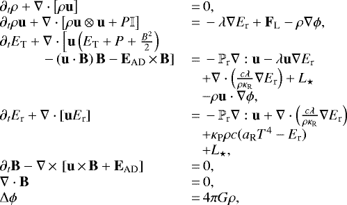 \begin{equation*} \begin{array}{llll} \partial_t \rho + \nabla\cdot \left[\rho\textbf{u} \right] &\,{=}\,0, \\ \partial_t \rho \textbf{u} + \nabla \cdot\left[\rho \textbf{u}\otimes \textbf{u} + P \mathbb{I} \right]&\,{=}\,- \lambda\nabla E_{\textrm{r}} +\textbf{F}_{\textrm{L}} -\rho\nabla\phi,\\ \partial_t E_{\textrm{T}} + \nabla\cdot \left[\textbf{u}\left(E_{\textrm{T}} + P + \frac{B^2}{2} \right) \right.& \\ \hspace{30pt}\left.-\left(\textbf{u}\cdot\textbf{B}\right)\textbf{B}-\textbf{E}_{\textrm{AD}}\,{\times}\,\textbf{B}\right] &\,{=}\, - \mathbb{P}_{\textrm{r}}\nabla:\textbf{u} - \lambda \textbf{u} \nabla E_{\textrm{r}} \\ & \hspace{9pt} + \nabla \cdot\left(\frac{c\lambda}{\rho \kappa_{\textrm{R}}} \nabla E_{\textrm{r}}\right)+L_{\star}\\&\hspace{9pt} -\rho\textbf{u}\cdot\nabla\phi, \\ \partial_t E_{\textrm{r}} + \nabla\cdot \left[\textbf{u}E_{\textrm{r}}\right] &\,{=}\, - \mathbb{P}_{\textrm{r}}\nabla:\textbf{u} + \nabla \cdot\left(\frac{c\lambda}{\rho \kappa_{\textrm{R}}} \nabla E_{\textrm{r}}\right) \\ & \hspace{9pt} + \kappa_{\textrm{P}}\rho c(a_{\textrm{R}}T^4 - E_{\textrm{r}})\\ &\hspace{9pt} +L_{\star},\\ \partial_t \textbf{B} - \nabla\,{\times}\,\left[\textbf{u}\,{\times}\,\textbf{B} +\textbf{E}_{\textrm{AD}}\right]&\,{=}\,0,\\ \nabla\cdot\textbf{B}&\,{=}\,0,\\ \Delta\phi &\,{=}\,4\pi G \rho, \end{array} \end{equation*}