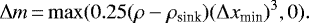 \begin{equation*} \Delta m\,{=}\,\mathrm{max}(0.25(\rho-\rho_{\textrm{sink}})(\Delta x_{\textrm{min}}){}^3,0). \end{equation*}