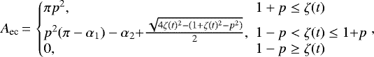 \begin{equation*}A_{\textrm{ec}}\,{=}\,\left\{\begin{array}{@{}ll@{}ll@{}}\pi p^{2}, \!\!& 1+p \le \zeta(t) \\p^{2}(\pi - \alpha_{1}) - \alpha_{2} {+} \frac{\sqrt{4\zeta(t){}^{2} - (1 + \zeta(t){}^{2} - p^{2})}}{2},\!\!\!\! & 1-p<\zeta(t) \le 1{+}p \\0, \!\! \!\! & 1-p \ge \zeta(t) \\\end{array}\right.,\end{equation*}