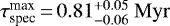$\tau^{\textrm{max}}_{\textrm{spec}}\,{=}\,0.81^{+0.05}_{-0.06}\ \mathrm{Myr}$