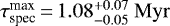 $\tau^{\textrm{max}}_{\textrm{spec}}\,{=}\,1.08^{+0.07}_{-0.05}\ \mathrm{Myr}$