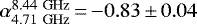 $\alpha_{4.71\ \mathrm{GHz}}^{8.44\ \mathrm{GHz}}\,{=}\,{-}0.83\,{\pm}\,0.04$