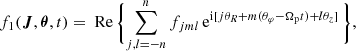 $$ \begin{aligned} f_1(\boldsymbol{J},\boldsymbol{\theta },t) = \text{ Re}\, \biggl \{ \sum _{j,l=-n}^n f_{jml}\,\mathrm{e} ^{\mathrm{i} [j\theta _R+m(\theta _{\varphi }-\Omega _\mathrm{p} t)+l\theta _z]} \, \biggr \} , \end{aligned} $$