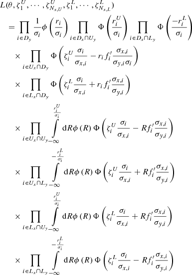 $$ \begin{aligned}&L(\theta ,\zeta _1^U,\cdots ,\zeta _{N_{x,U}}^U, \zeta _1^L,\cdots ,\zeta _{N_{x,L}}^L)\nonumber \\&\quad = \prod \limits _{i\in D_{ y}}\frac{1}{\sigma _i}\phi \left(\frac{r_i}{\sigma _i}\right)\prod \limits _{i\in D_x\cap U_{ y}}\Phi \left(\frac{r_i^U}{\sigma _i}\right)\prod \limits _{i\in D_x\cap L_{ y}}\Phi \left(\frac{-r_i^L}{\sigma _i}\right)\nonumber \\&\qquad \times \prod \limits _{i\in U_x\cap D_{ y}}\Phi \left(\zeta _i^U\frac{ \sigma _i}{\sigma _{x,i}}-r_if_i^{\prime }\frac{\sigma _{x,i}}{\sigma _{{ y},i}\sigma _i}\right)\nonumber \\&\qquad \times \prod \limits _{i\in L_x\cap D_{ y}}\Phi \left(\zeta _i^L\frac{ \sigma _i}{\sigma _{x,i}}+r_if_i^{\prime }\frac{\sigma _{x,i}}{\sigma _{{ y},i}}\right)\nonumber \\&\qquad \times \prod \limits _{i\in U_x\cap U_{ y}}\int \limits _{-\infty }^{\frac{r_i^U}{\sigma _i}} \mathrm{d}R\phi \left(R\right)\Phi \left(\zeta _i^U\frac{ \sigma _i}{\sigma _{x,i}}-Rf_i^{\prime }\frac{\sigma _{x,i}}{\sigma _{{ y},i}}\right)\nonumber \\&\qquad \times \prod \limits _{i\in U_x\cap L_{ y}}\int \limits _{-\infty }^{-\frac{r_i^L}{\sigma _i}} \mathrm{d}R\phi \left(R\right)\Phi \left(\zeta _i^U\frac{ \sigma _i}{\sigma _{x,i}}+Rf_i^{\prime }\frac{\sigma _{x,i}}{\sigma _{{ y},i}}\right)\nonumber \\&\qquad \times \prod \limits _{i\in L_x\cap U_{ y}}\int \limits _{-\infty }^{\frac{r_i^U}{\sigma _i}} \mathrm{d}R\phi \left(R\right)\Phi \left(\zeta _i^L\frac{ \sigma _i}{\sigma _{x,i}}+Rf_i^{\prime }\frac{\sigma _{x,i}}{\sigma _{{ y},i}}\right)\nonumber \\&\qquad \times \prod \limits _{i\in L_x\cap L_{ y}}\int \limits _{-\infty }^{-\frac{r_i^L}{\sigma _i}} \mathrm{d}R\phi \left(R\right)\Phi \left(\zeta _i^L\frac{ \sigma _i}{\sigma _{x,i}}-Rf_i^{\prime }\frac{\sigma _{x,i}}{\sigma _{{ y},i}}\right) \end{aligned} $$