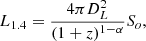 $$ \begin{aligned} L_{1.4} = \frac{4\pi D_L^2}{(1+z)^{1-\alpha }} S_o, \end{aligned} $$