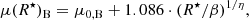 $$ \begin{aligned} \mu (R^{\star })_{\rm B} = \mu _{\rm 0,B} + 1.086 \cdot (R^{\star }/\beta )^{1/\eta } , \end{aligned} $$
