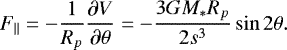 \begin{equation*}F_{\parallel}= -\frac{1}{R_p} \frac{\partial V}{\partial \theta} = - \frac{3GM_* R_p}{2s^3}\sin2\theta.\end{equation*}