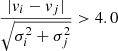 $$ \begin{aligned} \frac{|{ v}_{i} - { v}_{j}|}{\sqrt{\sigma _{i}^{2} + \sigma _{j}^{2}}} > 4.0 \end{aligned} $$