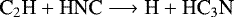 \begin{equation*} {\textrm{C}_2\textrm{H} + \textrm{HNC} \longrightarrow {\textrm{H}} + \textrm{HC}_3\textrm{N}} \end{equation*}