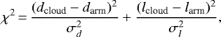 \begin{equation*}\chi^2 \,{=}\, \frac{(d_{\textrm{cloud}}-d_{\textrm{arm}})^2}{\sigma^2_{d}} + \frac{(l_{\textrm{cloud}}-l_{\textrm{arm}})^2}{\sigma^2_{l}},\end{equation*}
