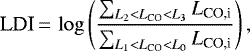 \begin{equation*}\textrm{LDI} \,{=}\, \log \left(\frac{\sum_{L_2<L_{\textrm{CO}}<L_3} L_{\textrm{CO,i}}}{\sum_{L_1<L_{\textrm{CO}}<L_0} L_{\textrm{CO,i}}} \right),\end{equation*}