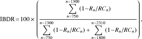 \begin{equation*} \textrm{IBDR}\!=\! 100\,{\times}\,\left(\frac{\displaystyle\sum_{n=750}^{n=1300}(1\!-\!R_n/RC_n)}{\displaystyle\sum_{n=750}^{n=1300}(1\!-\!R_n/RC_n)+\displaystyle\sum_{n=1800}^{n=2310}(1\!-\!R_n/RC_n)}\right),\end{equation*}