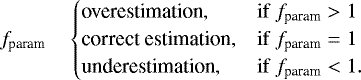 \begin{equation*}f_{\textrm{param}}\quad\begin{cases}\textrm{overestimation},& \mathrm{if}\ f_{\textrm{param}} > 1\\\textrm{correct estimation},& \mathrm{if}\ f_{\textrm{param}} = 1\\\textrm{underestimation},& \mathrm{if}\ f_{\textrm{param}} < 1 .\end{cases}\end{equation*}