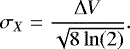 \begin{equation*} \sigma_X = \frac{\Delta V}{\sqrt{8\ln(2)}} .\end{equation*}