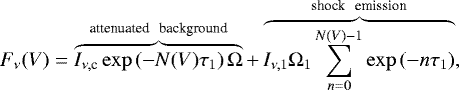\begin{align*}F_{\nu}(V) = \overbrace{I_{\nu,\textrm{c}} \exp \left(- N(V) \tau_1\right) \Omega}^{\textrm{attenuated \, background}} + \overbrace{I_{\nu,1} \Omega_1 \sum_{n=0}^{N(V)-1}\exp\left(-n \tau_1 \right)}^{\textrm{shock \, emission}},\end{align*}
