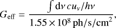 \begin{align*}G_{\rm{eff}} = \frac{\int {\textrm{d}}\nu \, c u_{\nu} / h\nu}{1.55\,{\times}\, 10^8 \, \rm{ph/s/cm}^2},\end{align*}