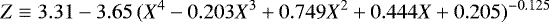 \begin{equation*}Z \equiv 3.31 - 3.65 \, (X^4 - 0.203 X^3 + 0.749 X^2 + 0.444 X + 0.205)^{-0.125} \nonumber\end{equation*}