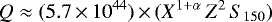 \begin{equation*}Q \approx (5.7 \,{\times}\, 10^{44}) \,{\times}\, (X^{1+\alpha} \, Z^2 \, S_{150})\end{equation*}