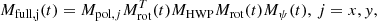 $$ \begin{aligned} M_{\rm full,j}(t)= M_{\mathrm{pol},j}M_{\rm rot}^{T}(t)M_{\rm HWP}M_{\rm rot}(t)M_\psi (t),\,j=x,{ y}, \end{aligned} $$
