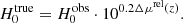 $$ \begin{aligned} H_0^{\mathrm{true} } = H_0^{\mathrm{obs} } \cdot 10^{0.2\Delta \mu ^{\mathrm{rel} }(z)}. \end{aligned} $$