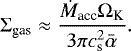 \begin{equation*}\Sigma_{\textrm{gas}} \approx \frac{\dot{M}_{\textrm{acc}} \Omega_{\textrm{K}}}{3 \pi c_{\textrm{s}}^{2} \bar{\alpha}}.\end{equation*}