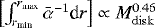 $\left[\int_{r_{\textrm{min}}}^{r_{\textrm{max}}}\bar{\alpha}^{-1}\textrm{d}r \right] \propto M^{0.46}_{\rm{disk}}$
