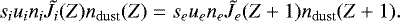 \begin{equation*}s_i u_i n_i \tilde{J}_i(Z) n_{\textrm{dust}}(Z) = s_e u_e n_e \tilde{J}_e(Z+1) n_{\textrm{dust}}(Z+1).\end{equation*}