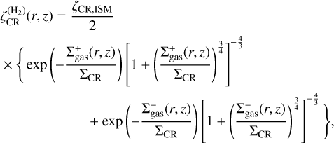 \begin{multline*}\zeta^{(\textrm{H}_2)}_{\textrm{CR}}(r,z) = \frac{\zeta_{\textrm{CR,ISM}}}{2} \\\times \Bigg\{\exp{\left(-\frac{\Sigma_{\textrm{gas}}^{+}(r,z)}{\Sigma_{\textrm{CR}}}\right)} \left[1+\left(\frac{\Sigma_{\textrm{gas}}^{+}(r,z)}{\Sigma_{\textrm{CR}}}\right){}^{\frac{3}{4}}\right]^{-\frac{4}{3}} \\ +\exp{\left(-\frac{\Sigma_{\textrm{gas}}^{-}(r,z)}{\Sigma_{\textrm{CR}}}\right)} \left[1+\left(\frac{\Sigma_{\textrm{gas}}^{-}(r,z)}{\Sigma_{\textrm{CR}}}\right){}^{\frac{3}{4}}\right]^{-\frac{4}{3}} \Bigg\},\end{multline*}