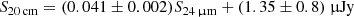 $$ \begin{aligned} S_{20\,\mathrm{cm}} = (0.041 \pm 0.002) S_{24\,\upmu \mathrm{m}} + (1.35 \pm 0.8)\ \upmu \mathrm{Jy} \end{aligned} $$