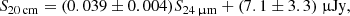 $$ \begin{aligned} S_{20\,\mathrm{cm}} = (0.039 \pm 0.004) S_{24\,\upmu \mathrm{m}} + (7.1 \pm 3.3)\ \upmu \mathrm{Jy} ,\end{aligned} $$