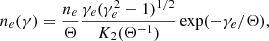 $$ \begin{aligned} n_e(\gamma )= {\frac{n_e}{\Theta }} \frac{\gamma _e (\gamma _e^2 -1)^{1/2}}{K_2(\Theta ^{-1})} \exp (-\gamma _e/\Theta ), \end{aligned} $$