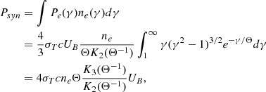 $$ \begin{aligned} P_{syn}&= \int P_e(\gamma )n_e(\gamma )d\gamma \nonumber \\&= \frac{4}{3}\sigma _T c U_B \frac{n_e}{\Theta K_2(\Theta ^{-1})} \int _1^\infty \gamma (\gamma ^2 -1)^{3/2}e^{-\gamma /\Theta }d\gamma \nonumber \\&= 4 \sigma _T c n_e \Theta \frac{K_3(\Theta ^{-1})}{K_2(\Theta ^{-1})} U_B, \end{aligned} $$