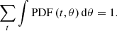 $$ \begin{aligned} \sum _t \int \mathrm{PDF}\,(t,\theta )\,\mathrm{d}\theta = 1. \end{aligned} $$