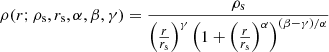 $$ \begin{aligned} \rho (r;\rho _{\rm s},r_{\rm s},\alpha ,\beta ,\gamma ) = \frac{\rho _{\rm s}}{{\left(\frac{r}{r_{\rm s}}\right)^\gamma \left(1+\left(\frac{r}{r_{\rm s}}\right)^\alpha \right)^{(\beta -\gamma )/\alpha }}} \end{aligned} $$