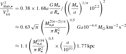 $$ \begin{aligned} \frac{V^2_{\mathrm{max},\star }}{V_{\rm tot}^2}&= 0.38 \times 1.68 a \frac{G M_\star }{a\,R_{\star }}/\left(\left(\frac{M_{\star }}{a}\right)^{1/n}10^{2.2}\right)^2\nonumber \\&\approx 0.63\,\sqrt{\pi }\,\left(\frac{M_{\star ,a}^{2(n-2)/n}}{\pi R^2_{\star }}\right)^{0.5}\,G a 10^{-4.4}\,{M_{\odot }\,\mathrm{km}^{-2}\,\mathrm{s}^{-2}}\nonumber \\&\approx 1.1\left(\frac{M_{\star ,a}^{0.94}}{\pi R^2_{\star }}\right)^{0.5}\times \left(\frac{a}{10^{10}}\right) 1.77\,\mathrm{kpc} \end{aligned} $$