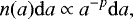 \begin{equation*}n(a) \mathrm{d} a \propto a^{-p} \mathrm{d} a, \end{equation*}