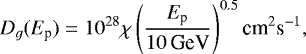 \begin{equation*}D_g(E_{\textrm{p}})=10^{28}\chi \left(\frac{E_{\textrm{p}}}{10 \,\textrm{GeV}}\right)^{0.5} \textrm{cm}^2\textrm{s}^{-1}, \end{equation*}