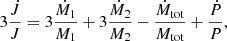 $$ \begin{aligned} 3\frac{\dot{J}}{J} = 3\frac{\dot{M}_1}{M_1} + 3\frac{\dot{M}_2}{M_2} - \frac{\dot{M}_{\mathrm{tot}}}{M_{\mathrm{tot}}} + \frac{\dot{P}}{P}, \end{aligned} $$