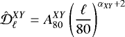 \begin{equation*} \hat{\mathcal{D}}^{XY}_{\ell} = A_{80}^{XY} \left(\frac{\ell}{80} \right)^{\alpha_{XY} + 2} \end{equation*}