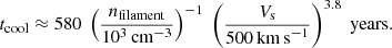 $$ \begin{aligned} t_{\rm cool} \approx 580\ \left(\frac{n_{\rm filament}}{10^3 \mathrm{\,cm}^{-3}}\right)^{-1}\ \left(\frac{V_{\rm s}}{500 \mathrm{\,km\,s}^{-1}}\right)^{3.8}\ \mathrm{years}. \end{aligned} $$