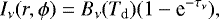 \begin{equation*} I_{\nu}(r,\phi)=B_{\nu}(T_{\textrm{d}})(1-\textrm{e}^{-\tau_{\nu}}),\end{equation*}