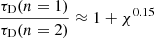 $$ \begin{aligned} \frac{\tau _{\rm {D}}(n = 1)}{\tau _{\rm {D}}(n = 2)} \approx 1 + \chi ^{0.15} \end{aligned} $$