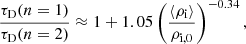 $$ \begin{aligned} \frac{\tau _{\rm {D}}(n = 1)}{\tau _{\rm {D}}(n = 2)} \approx 1 + 1.05 \left(\frac{\langle \rho _{\rm {i}}\rangle }{\rho _{\rm {i,0}}}\right)^{-0.34}, \end{aligned} $$