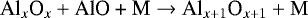 \begin{equation*}\centering{\textrm{Al}_{x}\textrm{O}_{x} + \textrm{AlO + M} \rightarrow {\textrm{Al}}_{x+1}\textrm{O}_{x+1} + \rm M}\end{equation*}