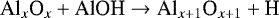 \begin{equation*}\centering{\textrm{Al}_{x}\textrm{O}_{x} + \textrm{AlOH} \rightarrow {\textrm{Al}}_{x+1}\textrm{O}_{x+1} + \textrm{H}}\end{equation*}