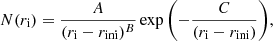 $$ \begin{aligned} N(r_{\rm i}) = \frac{A}{(r_{\rm i} - r_{\rm ini})^B} \exp {\left(-\frac{C}{(r_{\rm i} - r_{\rm ini})}\right)}, \end{aligned} $$