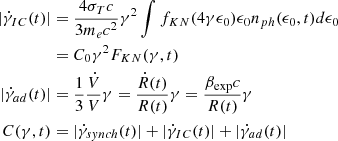 $$ \begin{aligned} |\dot{\gamma }_{IC}(t)|&=\frac{ 4\sigma _Tc}{3 m_ec^2} \gamma ^2 \int f_{KN}(4\gamma \epsilon _0)\epsilon _0 n_{ph}(\epsilon _0,t)d\epsilon _0\\&=C_0\gamma ^2F_{KN}(\gamma ,t)\nonumber \\ |\dot{\gamma }_{ad}(t)|&=\frac{1}{3}\frac{\dot{V}}{V}\gamma = \frac{\dot{R}(t)}{R(t)}\gamma = \frac{\beta _{\rm exp}c}{R(t)}\gamma \nonumber \\ C(\gamma ,t)&=|\dot{\gamma }_{synch}(t)|+|\dot{\gamma }_{IC}(t)| + |\dot{\gamma }_{ad}(t)| \nonumber \end{aligned} $$