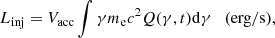 $$ \begin{aligned} L_{\rm inj} = V_{\rm acc} \int \gamma m_{\rm e} c^2 Q(\gamma ,t)\mathrm{d}\gamma \quad \mathrm{(erg/s)}, \end{aligned} $$